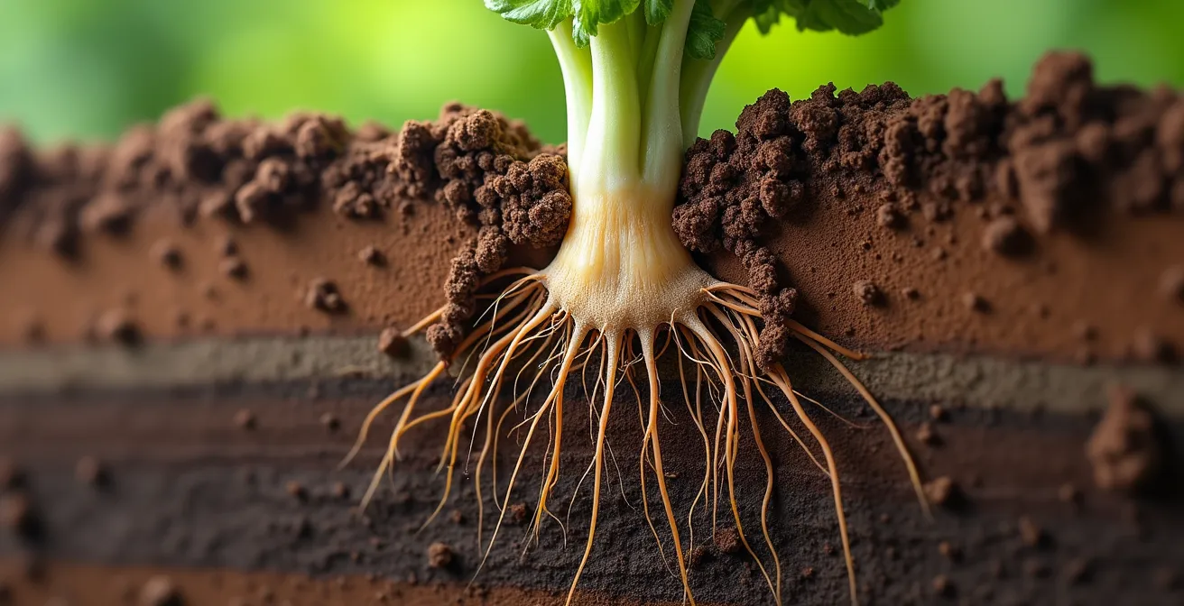 Radici fittonanti del rafano da foraggio che penetrano in profondità nel terreno argilloso compattato
