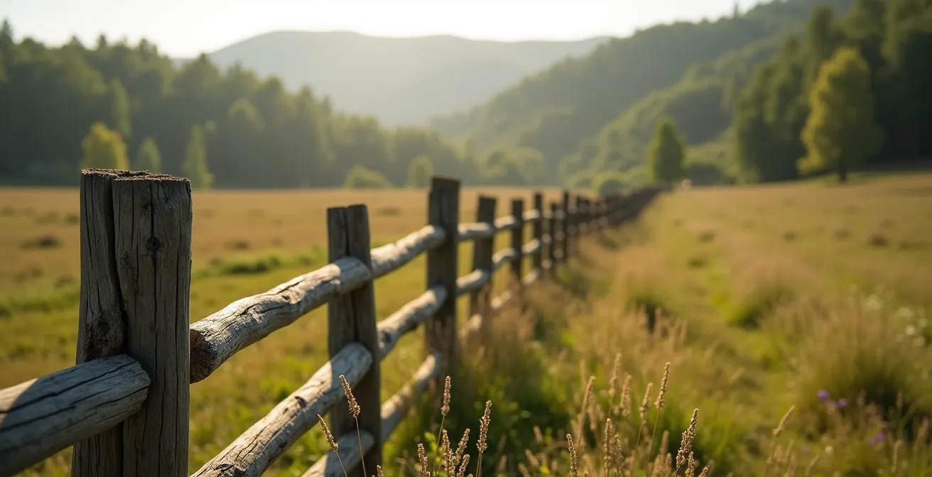 Recinzione in legno naturale che delimita terreno agricolo in area protetta