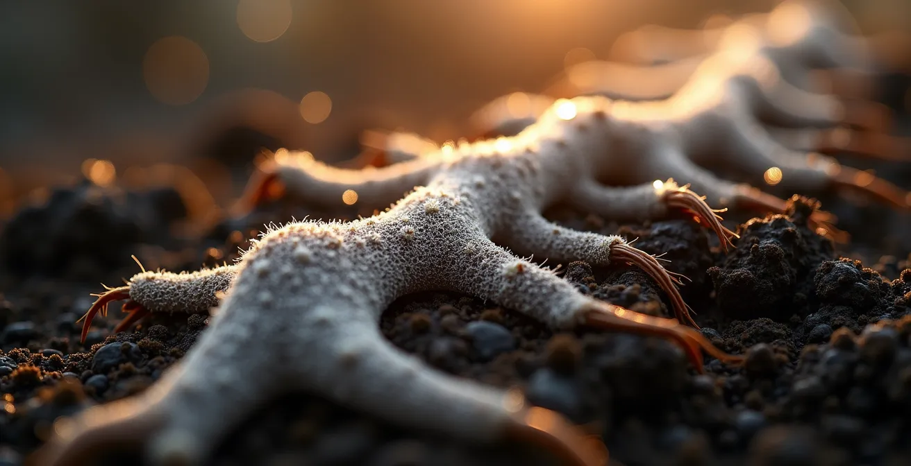 Vista microscopica di ife fungine che avvolgono le radici delle piante nel terreno