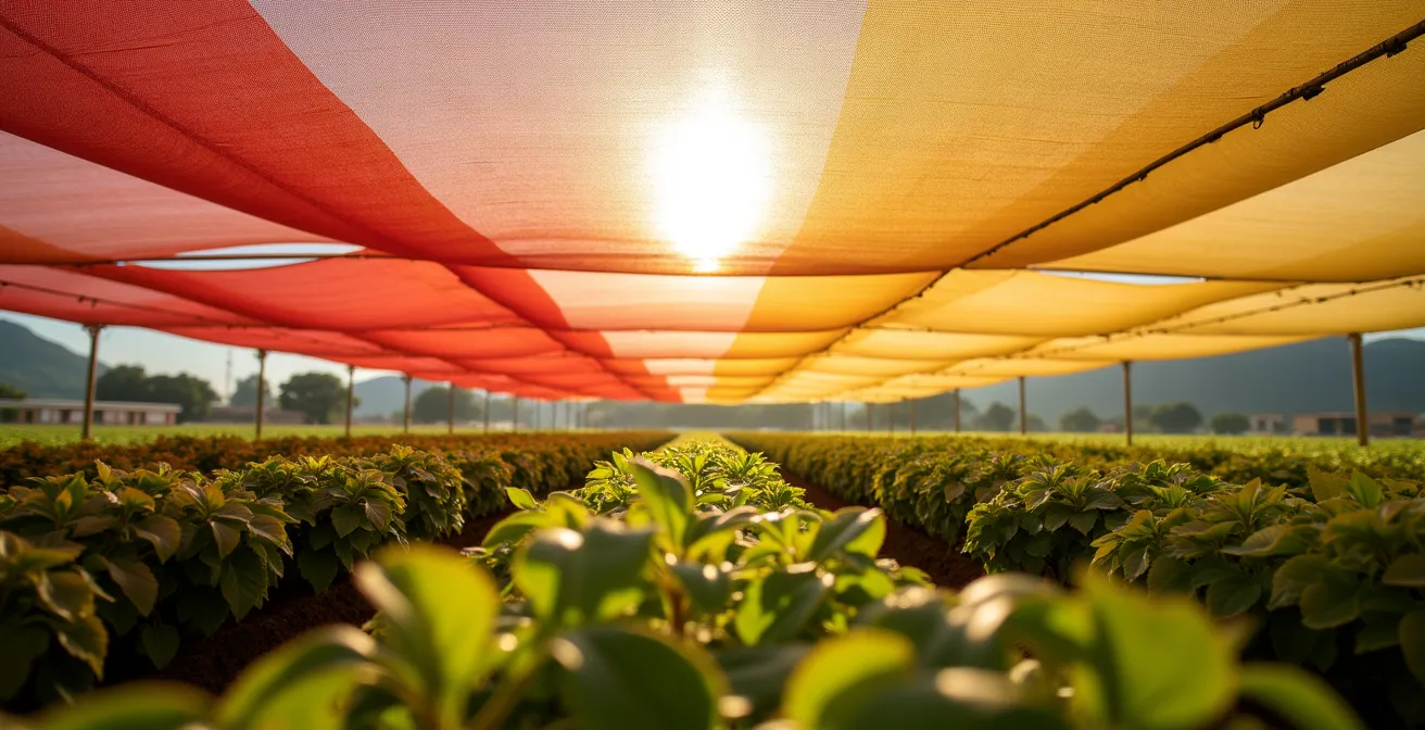 Reti ombreggianti colorate installate sopra colture orticole italiane con diversi gradi di ombreggiatura