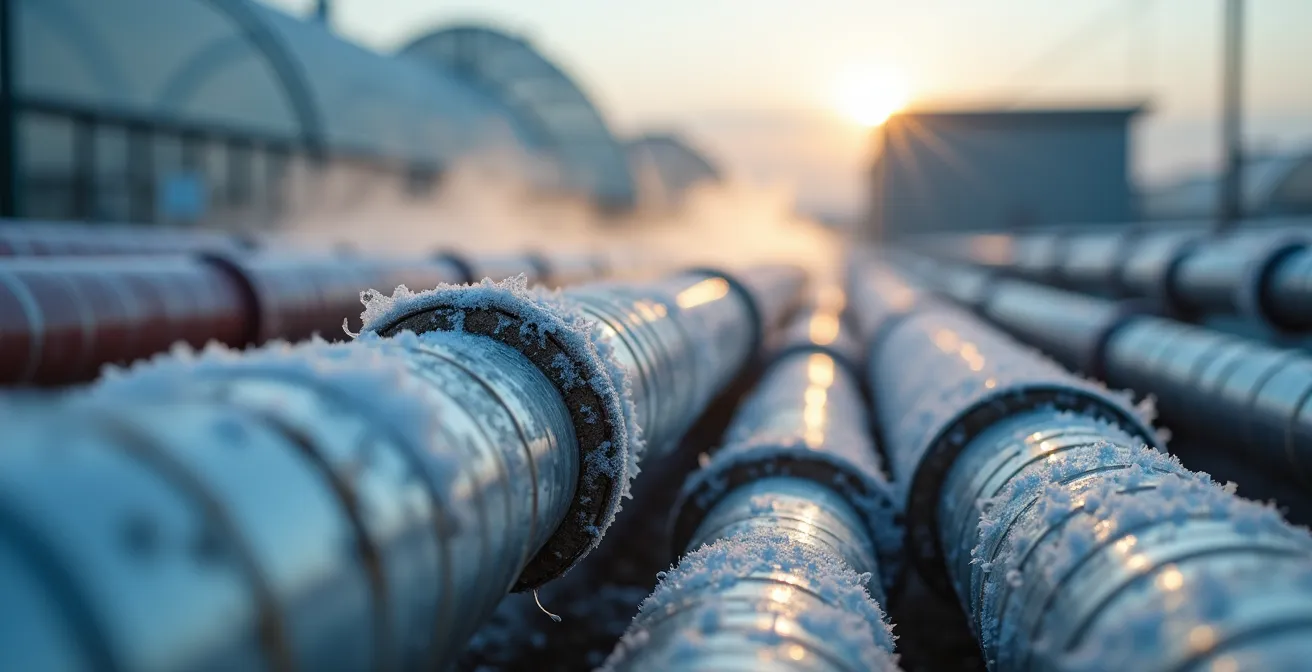 Tubature di calore che collegano un impianto di biogas a serre agricole in inverno