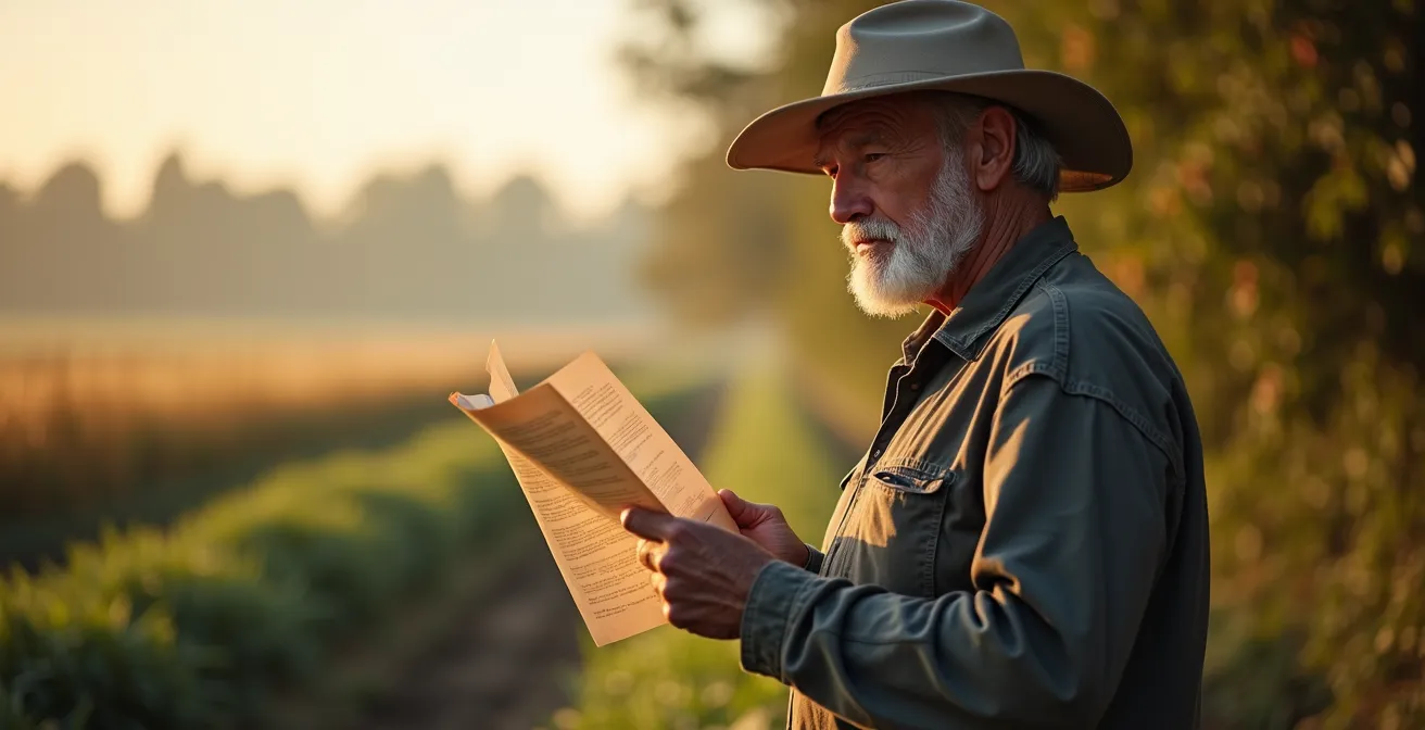 Agricoltore italiano che esamina documenti PAC con campi e fasce tampone vegetate sullo sfondo