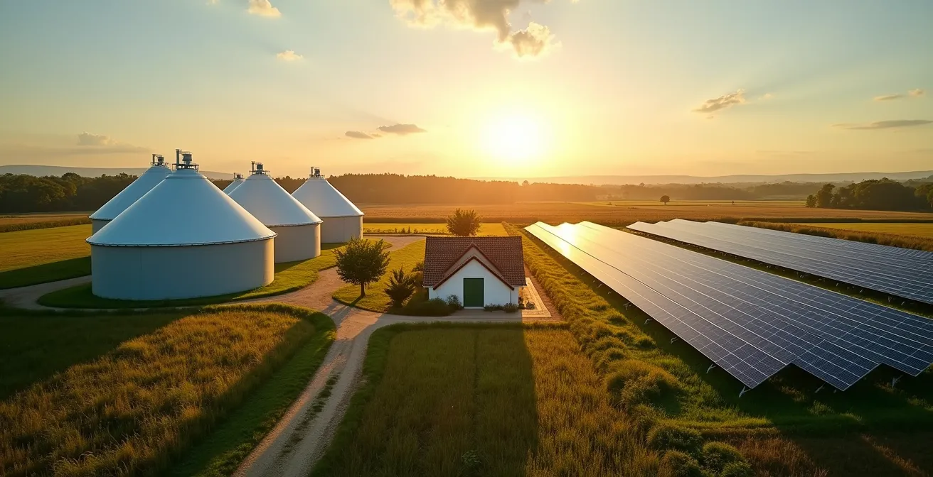 Vista laterale di un impianto biogas con digestori circolari affiancati da pannelli solari in un'azienda agricola italiana