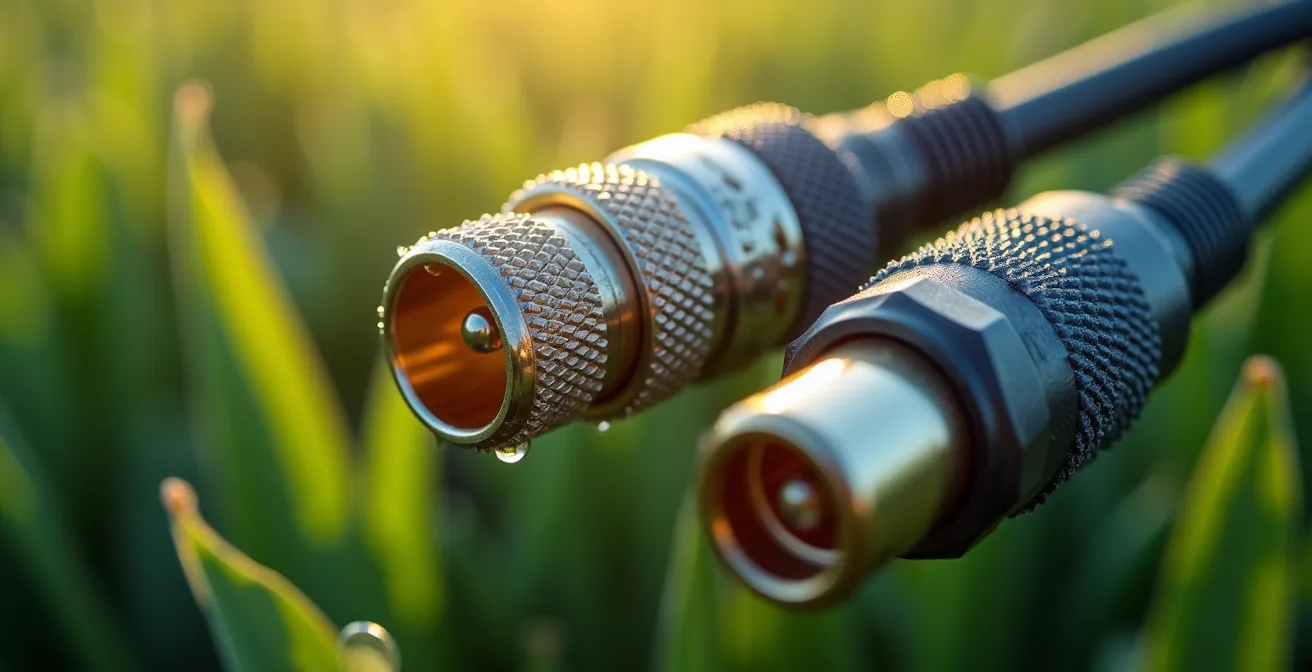 Macro ravvicinata di connettori e cavi tecnologici per sistemi agricoli smart