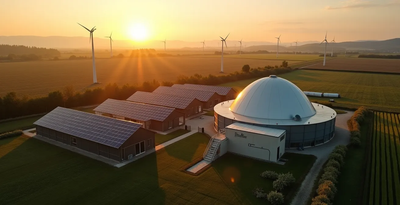 Vista ampia di moderna stalla con pannelli fotovoltaici e impianto biogas integrati nel paesaggio agricolo