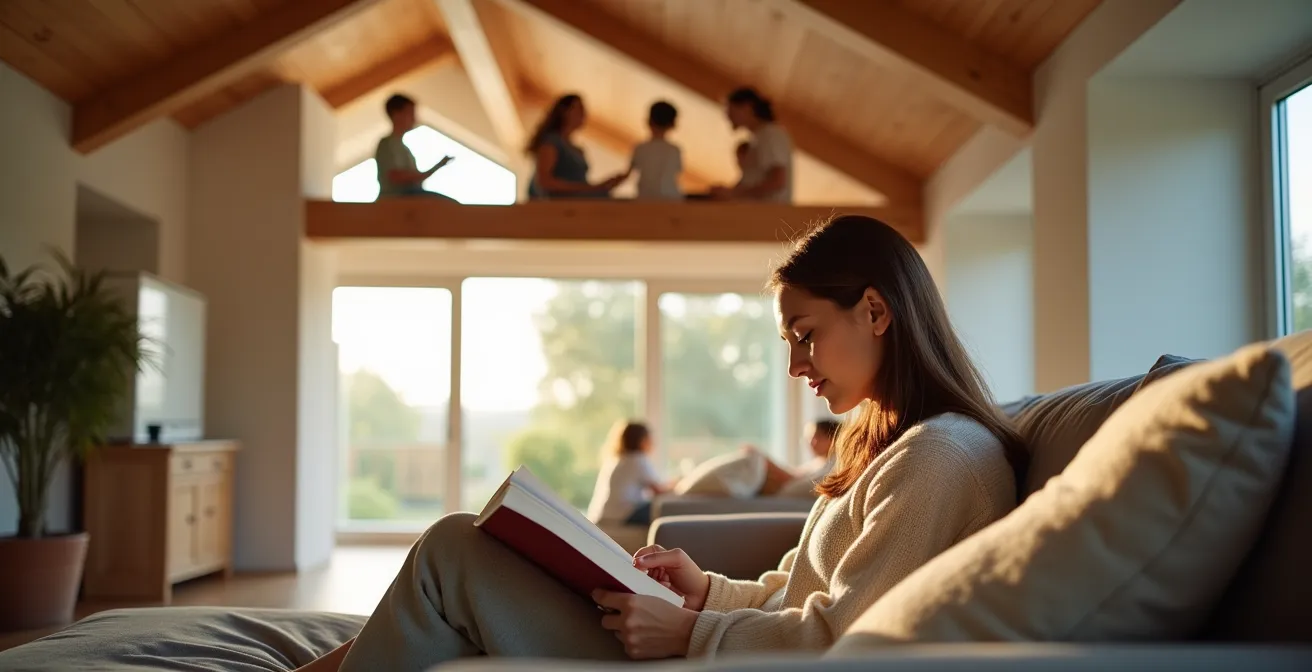 Sezione dettagliata di un solaio in legno che mostra i diversi strati di isolamento acustico per garantire il silenzio.