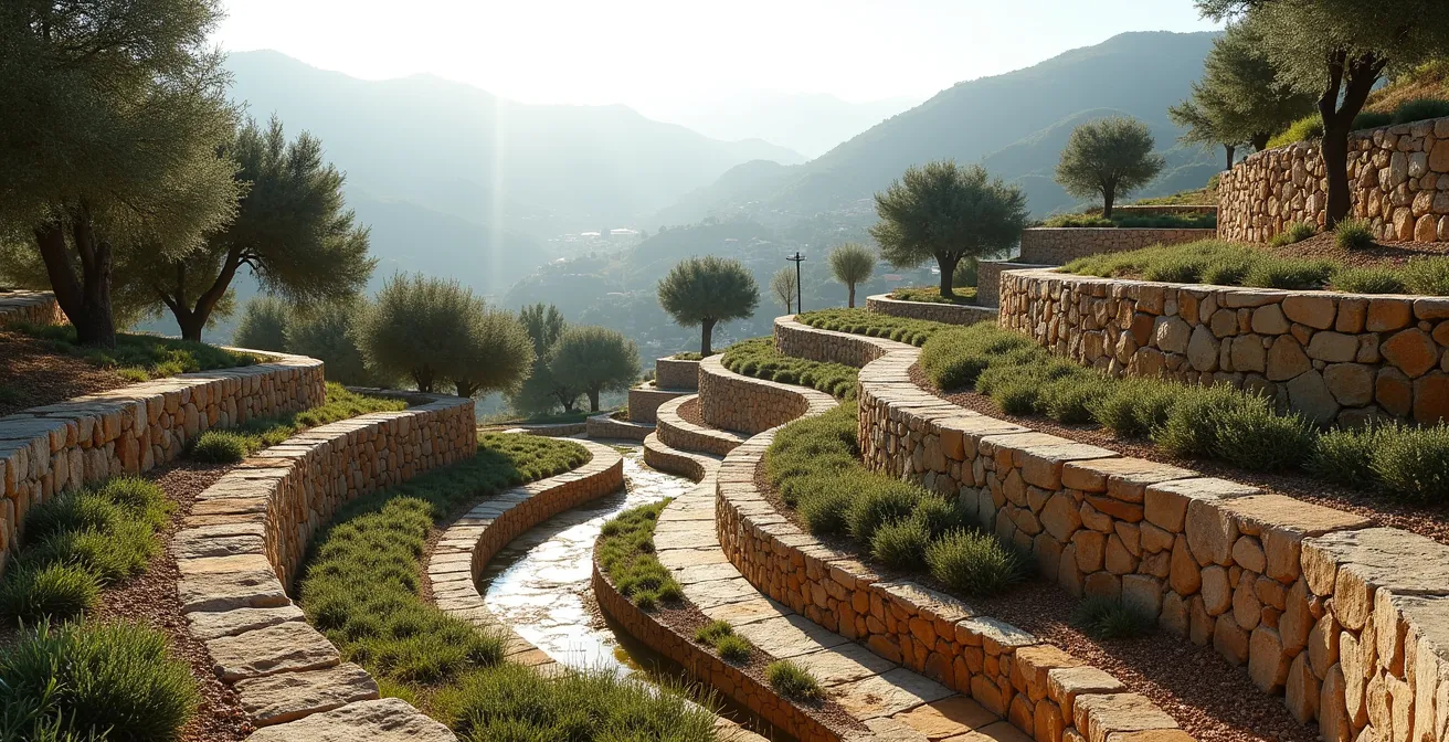 Sistema di swales su terrazzamento ligure con ulivi e ritenzione idrica naturale