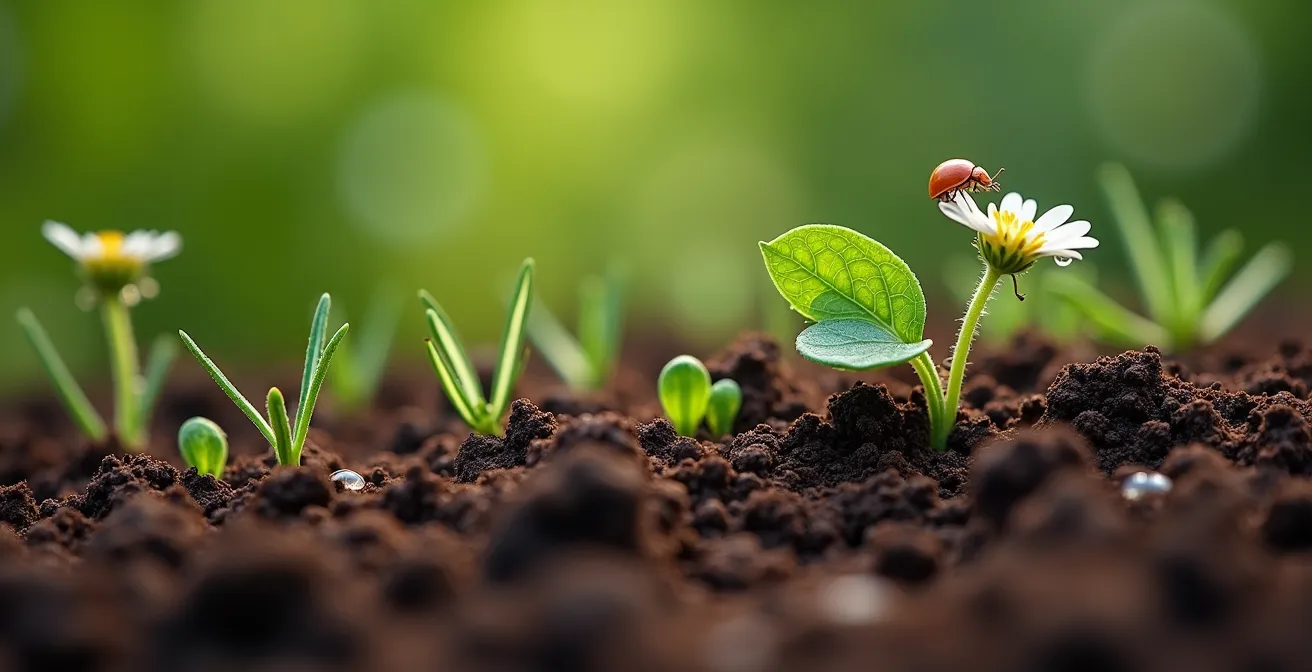 Dettaglio macro del suolo italiano con erbe autoctone e insetti utili che caratterizzano il terroir unico