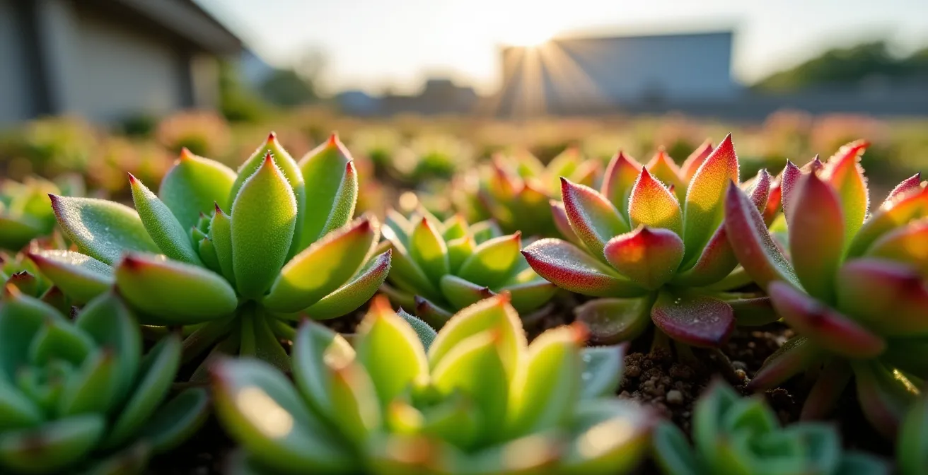 Tetto verde estensivo con piante sedum su capannone agricolo italiano
