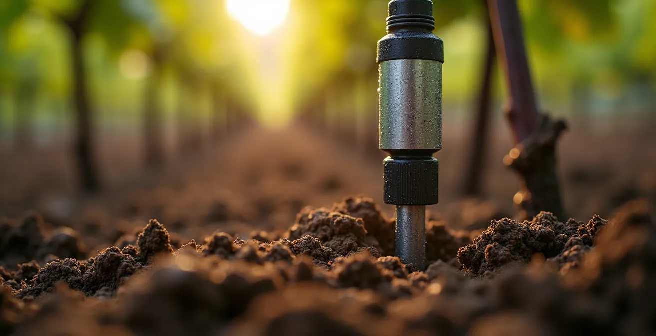 Dettaglio macro di sensore di umidità installato tra filari di vite con grappoli d'uva sfocati