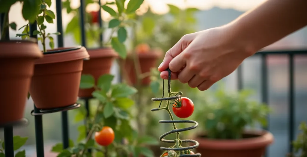Piante di pomodoro rampicante in vasi su balcone con sistema di tutoraggio verticale Piante di pomodoro rampicante in vasi su balcone con sistema di tutoraggio verticale